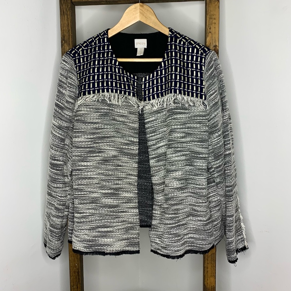 Chico's Black and White Patterned Blazer Sz 3